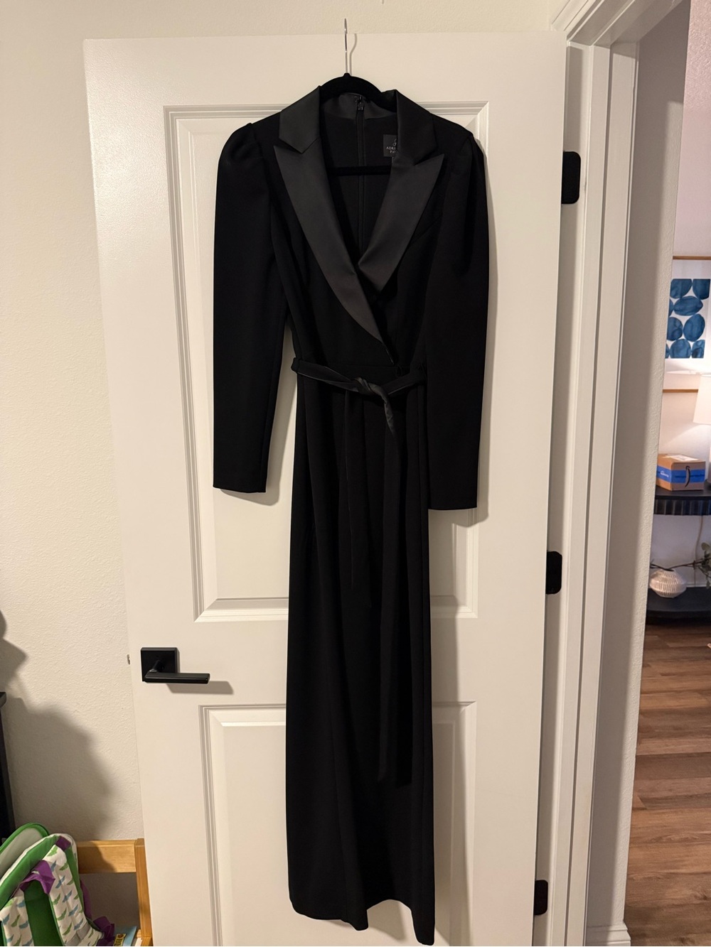 Black Satin Lapel Long Sleeve Jumpsuit